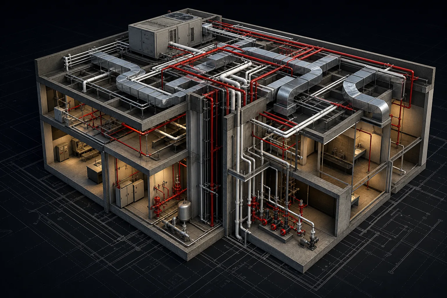 3D MEP model showing coordinated ducts, pipes, and building services