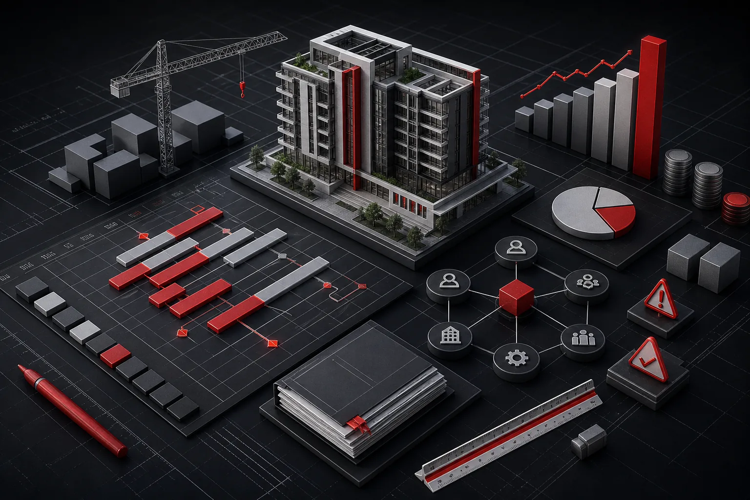 3D project management model with schedule, cost, risk, and coordination elements