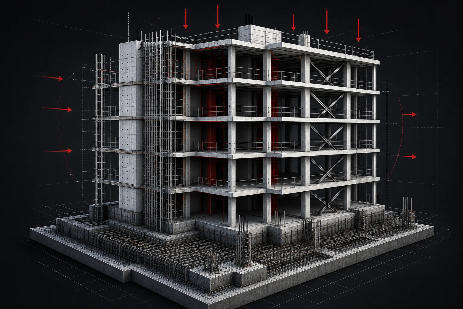 3D structural engineering model with building frame and foundations