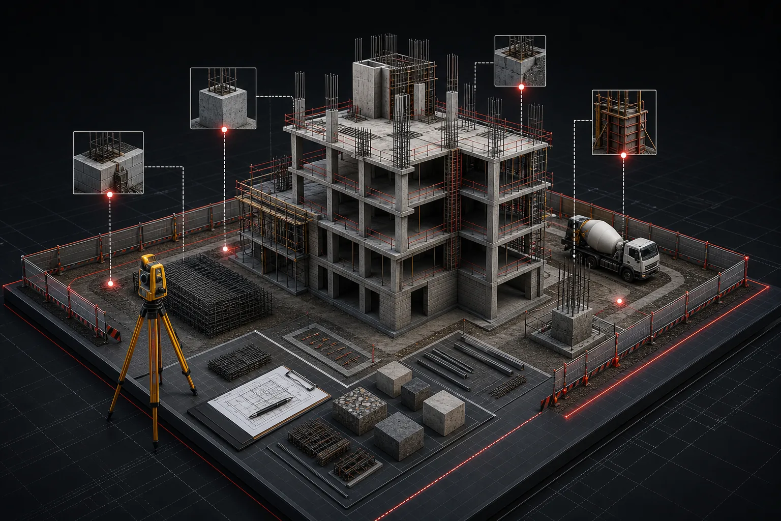 3D construction supervision model with inspection points and quality control elements